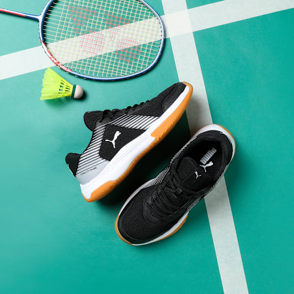 Badminton Smash Sprint Indoor Sports Shoes, PUMA Black-PUMA White-PUMA Silver, extralarge-IND