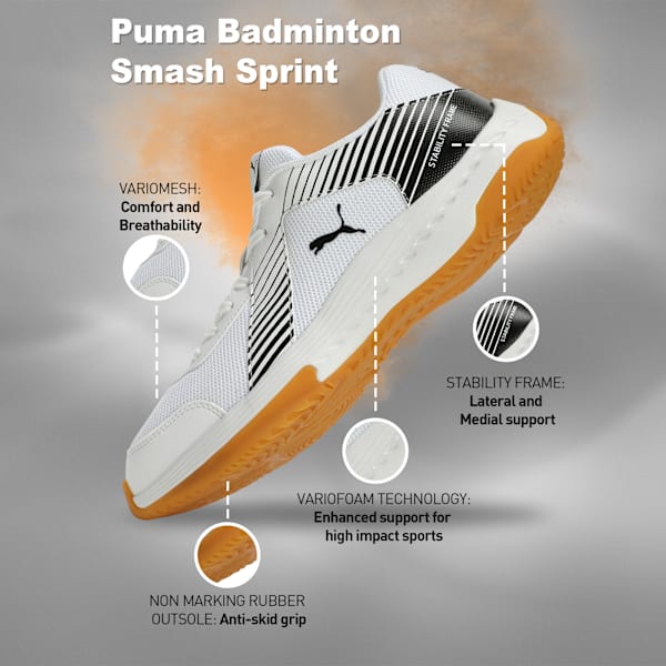 Badminton Smash Sprint Indoor Sports Shoes, PUMA White-PUMA Black, extralarge-IND