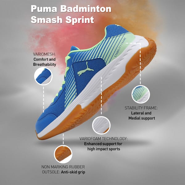 Badminton Smash Sprint Indoor Sports Shoes, Racing Blue-Speed Green-PUMA White, extralarge-IND