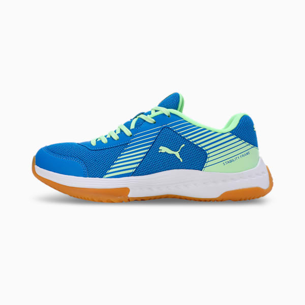 Badminton Smash Sprint Indoor Sports Shoes, Racing Blue-Speed Green-PUMA White, extralarge-IND