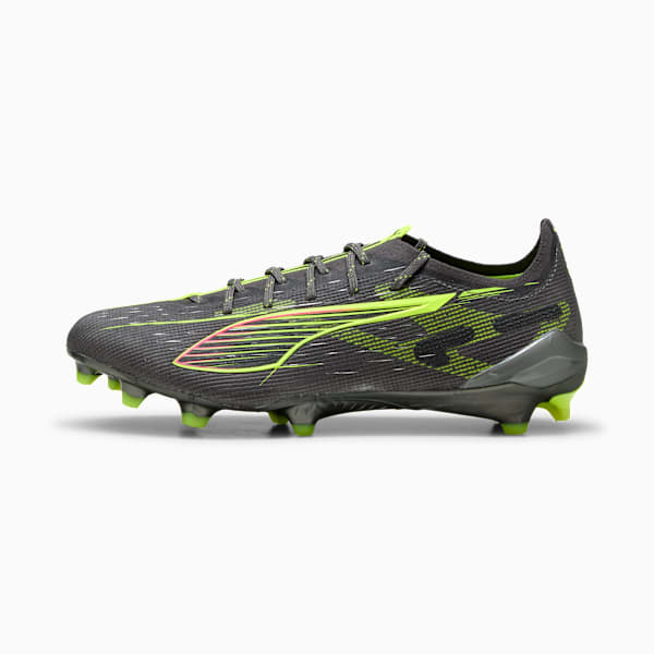 Grey PUMA football boot with neon green accents and a lace-up closure.