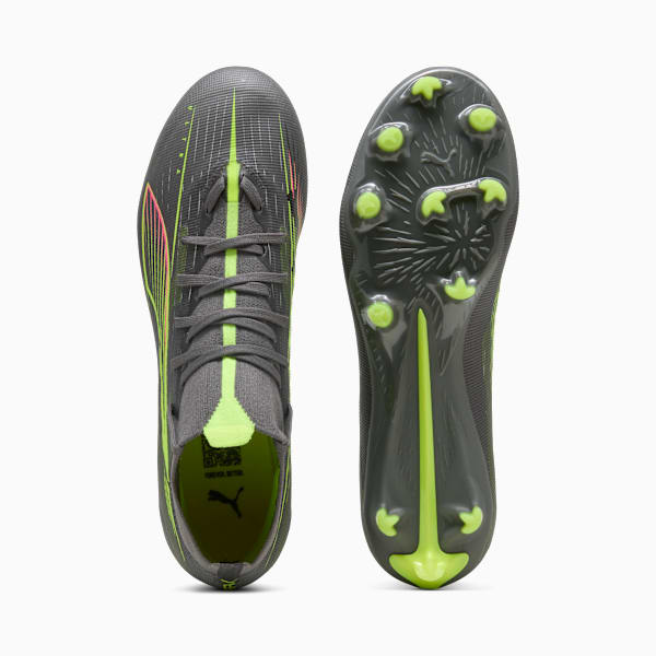 Grey PUMA football boots for adults with neon green and pink stripe details.