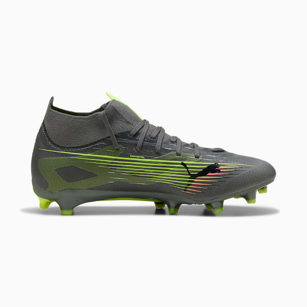 Grey PUMA football boot with neon green accents and a high-top sock-like collar.