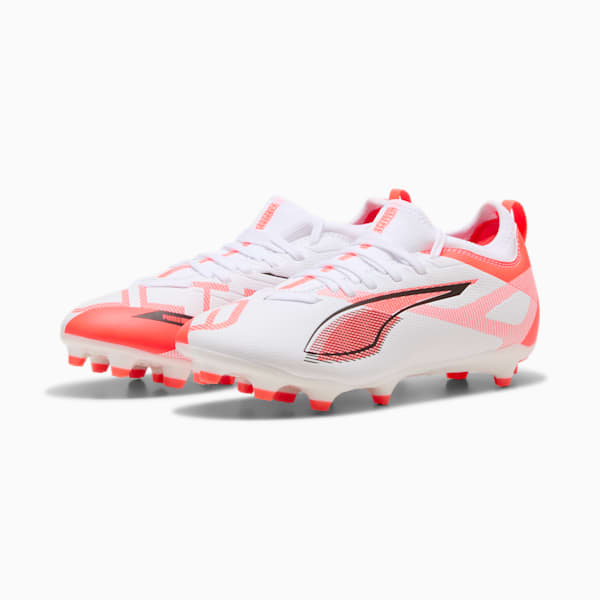 Tacos de fútbol para suelo firme/artificial para niños grandes ULTRA 5 MATCH, PUMA White-PUMA Black-Glowing Red, extralarge