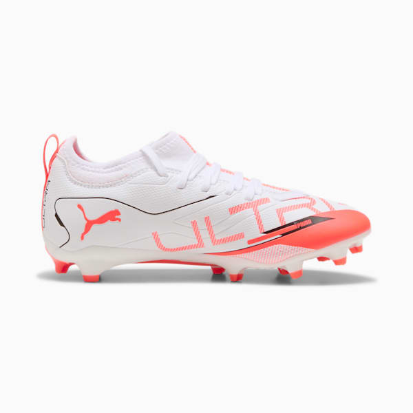 ULTRA 5 MATCH Firm Ground/Artificial Ground Big Kids' Soccer Cleats, PUMA White-PUMA Black-Glowing Red, extralarge