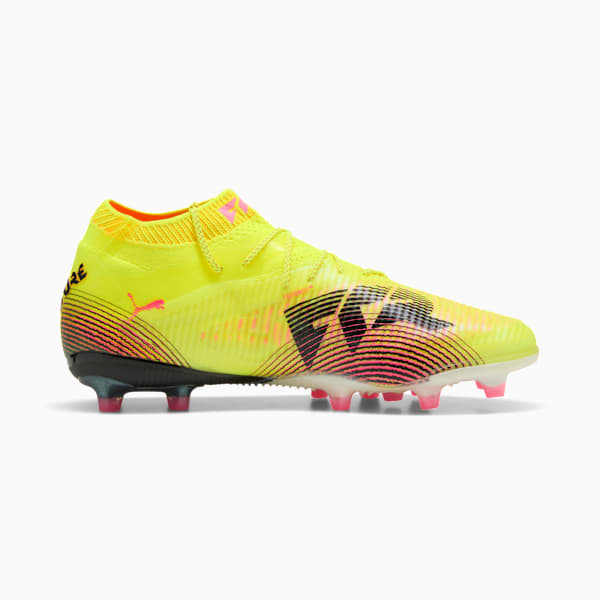 Yellow PUMA football boot with pink and black details, and a laced closure.