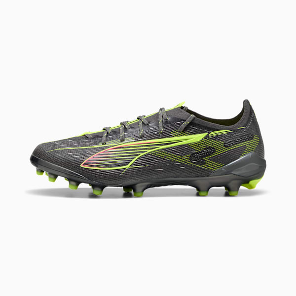 Grey PUMA football boot with neon green accents and laced closure for adults.