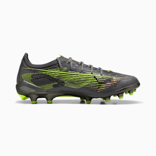 Grey PUMA football boot with neon green accents and stud detailing.
