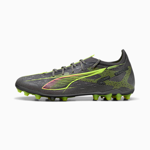 Grey PUMA football boot with neon green and pink details, laces and cleats.