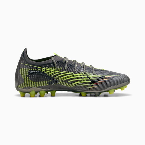 Grey PUMA football boot for adults with neon green accents and lace-up closure.
