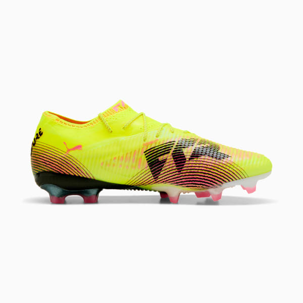 Yellow PUMA football boot, for adults, with black and pink graphic details.