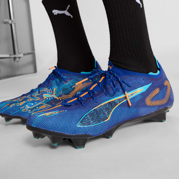ULTRA 5 CARBON SPEED Firm Ground Men's Soccer Cleats, Vivid Blue-Heat Fire-Bright Aqua-PUMA Black, extralarge
