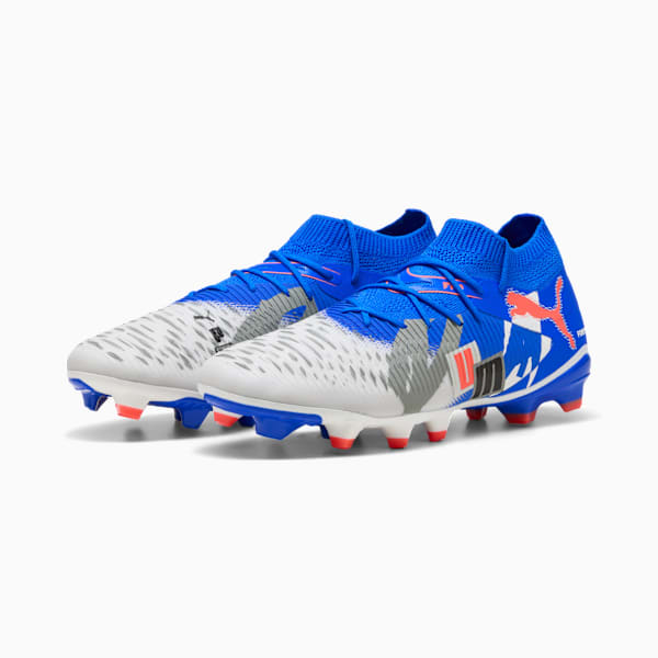FUTURE 8 MATCH FOREVER Firm Ground/Artificial Ground Men's Soccer Cleats, PUMA White-Ultra Blue-Feather Gray-PUMA Black-Glowing Red, extralarge