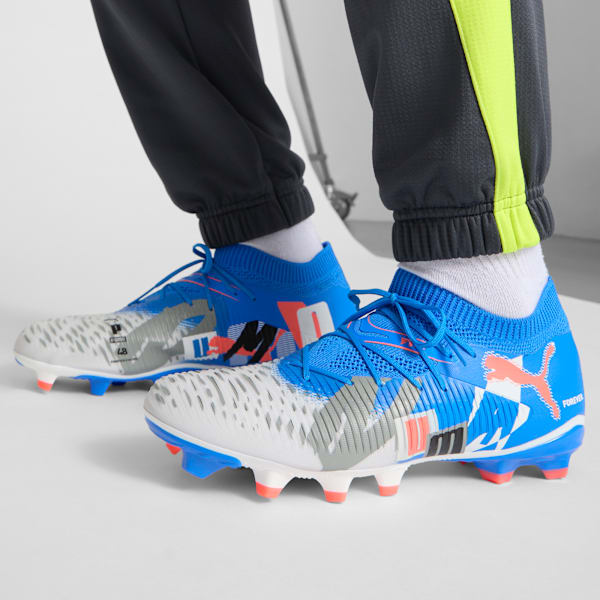 FUTURE 8 MATCH FOREVER Firm Ground/Artificial Ground Men's Soccer Cleats, PUMA White-Ultra Blue-Feather Gray-PUMA Black-Glowing Red, extralarge