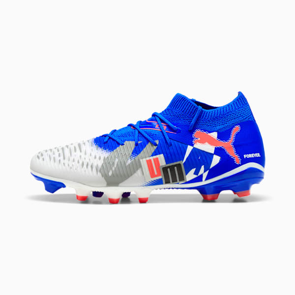 FUTURE 8 MATCH FOREVER Firm Ground/Artificial Ground Men's Soccer Cleats, PUMA White-Ultra Blue-Feather Gray-PUMA Black-Glowing Red, extralarge