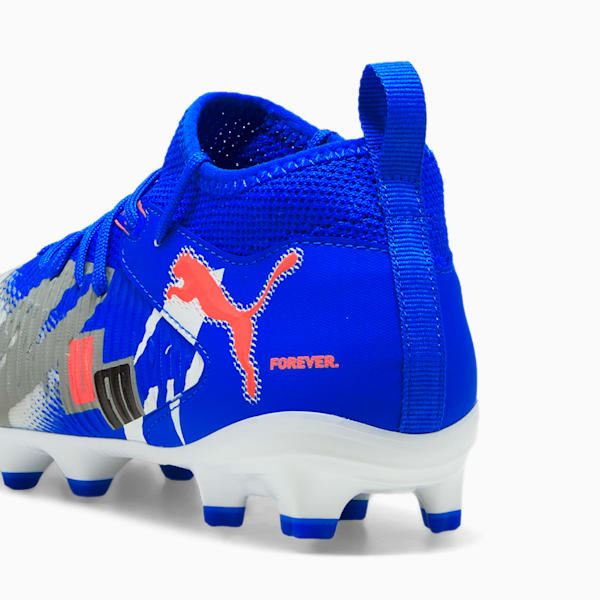 FUTURE 8 MATCH FOREVER Firm Ground/Artificial Ground Big Kids' Soccer Cleats, PUMA White-Ultra Blue-Feather Gray-PUMA Black-Glowing Red, extralarge