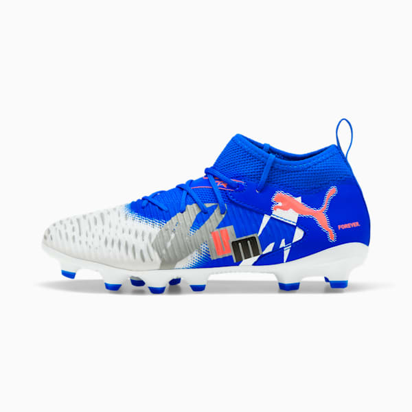 FUTURE 8 MATCH FOREVER Firm Ground/Artificial Ground Big Kids' Soccer Cleats, PUMA White-Ultra Blue-Feather Gray-PUMA Black-Glowing Red, extralarge