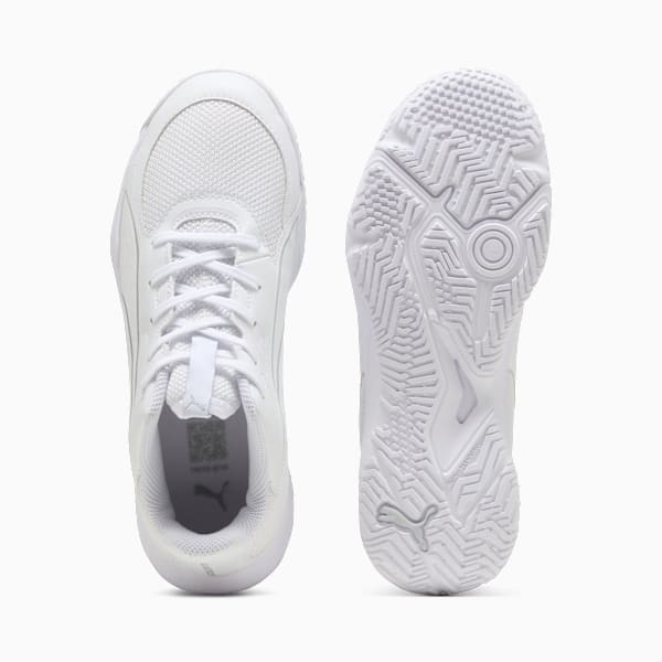 White PUMA trainer shows a lace-up design and patterned sole for grip.