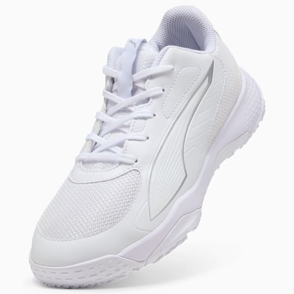 White PUMA trainers for adults, featuring a lace-up closure and signature stripe detail.