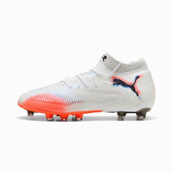 White PUMA football boot with orange and blue accents for adults.