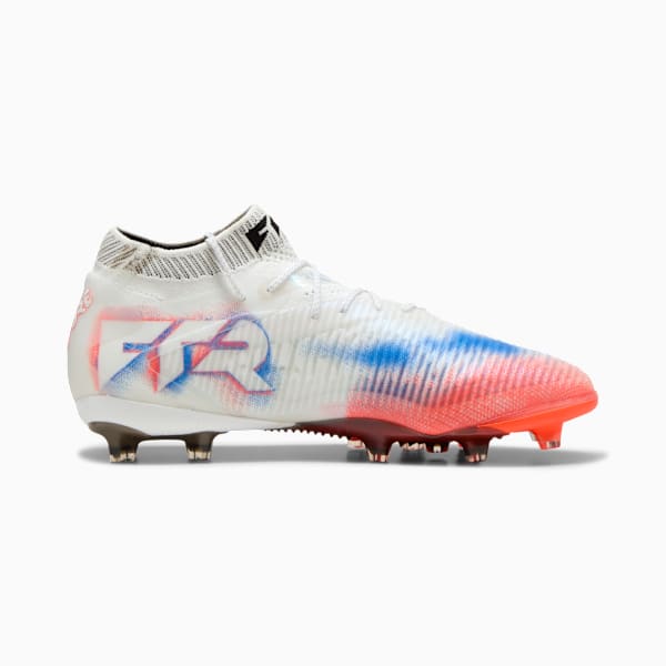 White PUMA football boot for adults with blue and red accents and stud detailing.