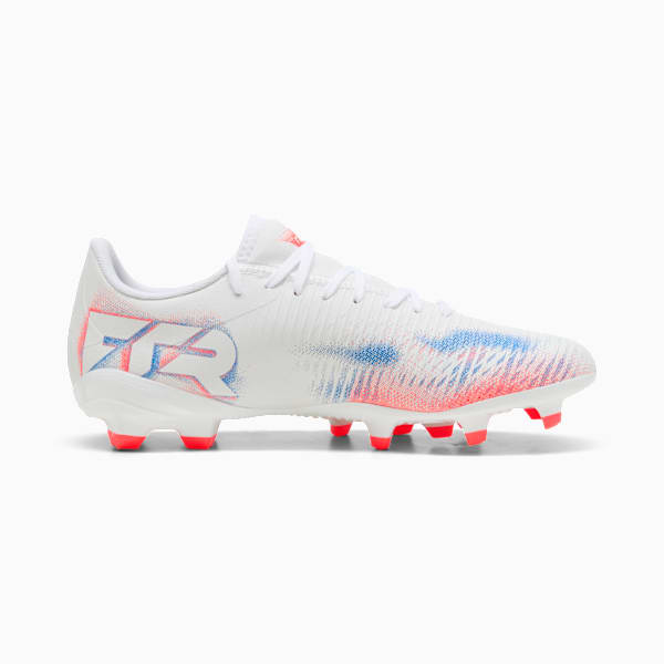 White PUMA football boot with blue, pink details and orange studs.