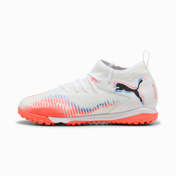 White PUMA football boot for adults with coral sole and blue/red accents.