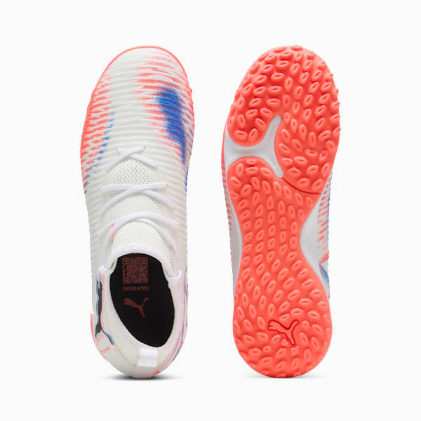 White PUMA football boot with orange sole and blue/orange details.