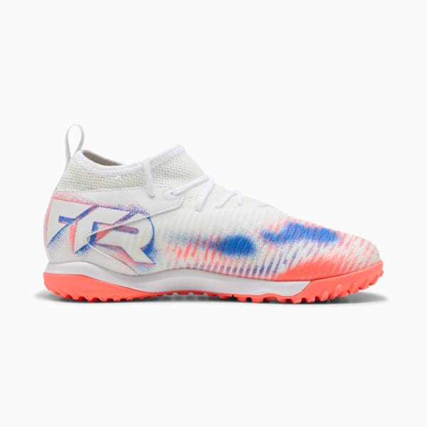White PUMA football boot has blue, pink details and a coral sole.