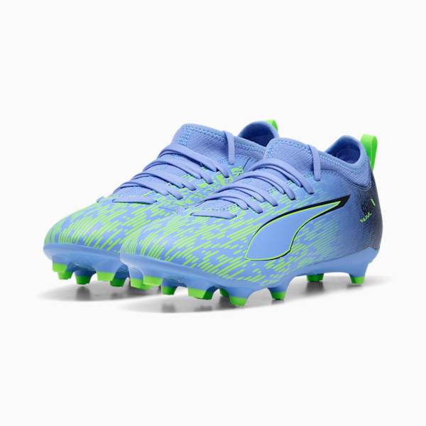 Tacos de fútbol PUMA x CHRISTIAN PULISIC ULTRA 5 MATCH Chasing the Dream Terreno firme/artificial para niños grandes, Elektro Purple-Green Glare-PUMA Black, extralarge