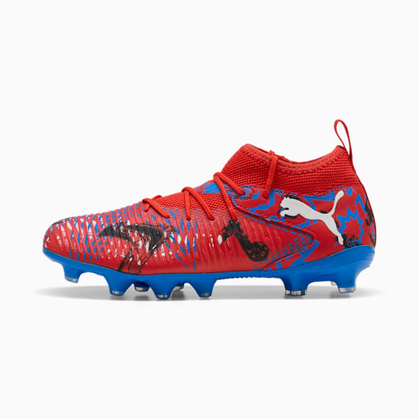 Red PUMA football boot, youth size, with blue and black graphic detailing.