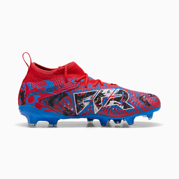 Red PUMA football boot with blue details and graphic design for any gender.
