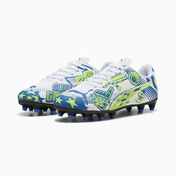 ULTRA Christian Pulisic Legacy KIds' Firm/Artificial Ground Soccer Cleats, PUMA White-Lake Blue-Yellow Alert, extralarge