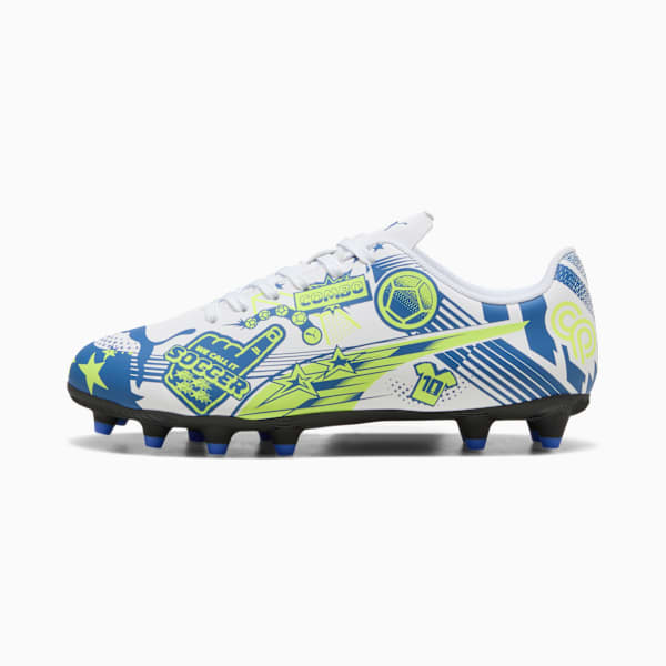 ULTRA Christian Pulisic Legacy KIds' Firm/Artificial Ground Soccer Cleats, PUMA White-Lake Blue-Yellow Alert, extralarge