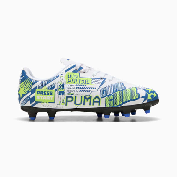 ULTRA Christian Pulisic Legacy KIds' Firm/Artificial Ground Soccer Cleats, PUMA White-Lake Blue-Yellow Alert, extralarge