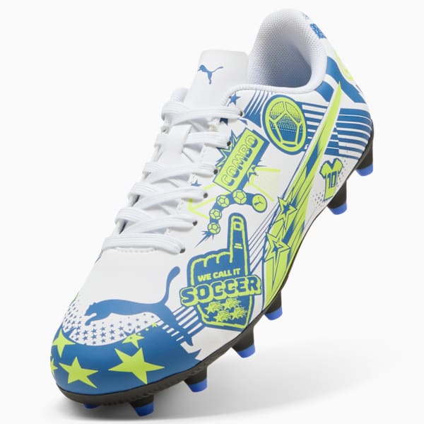 ULTRA Christian Pulisic Legacy KIds' Firm/Artificial Ground Soccer Cleats, PUMA White-Lake Blue-Yellow Alert, extralarge