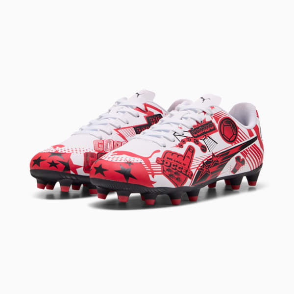 ULTRA Christian Pulisic Legacy KIds' Firm/Artificial Ground Soccer Cleats, PUMA White-PUMA Red-PUMA Black, extralarge