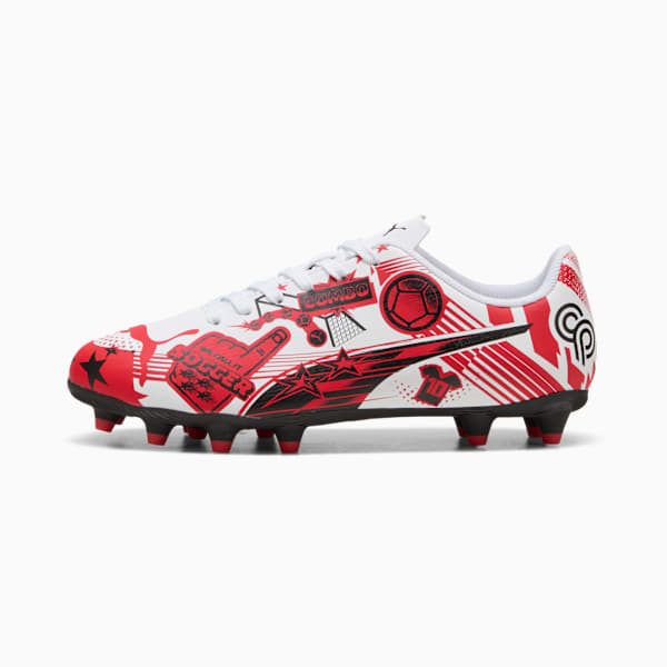 ULTRA Christian Pulisic Legacy KIds' Firm/Artificial Ground Soccer Cleats, PUMA White-PUMA Red-PUMA Black, extralarge