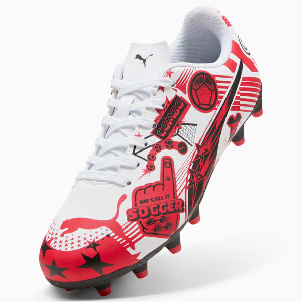 ULTRA Christian Pulisic Legacy KIds' Firm/Artificial Ground Soccer Cleats, PUMA White-PUMA Red-PUMA Black, extralarge