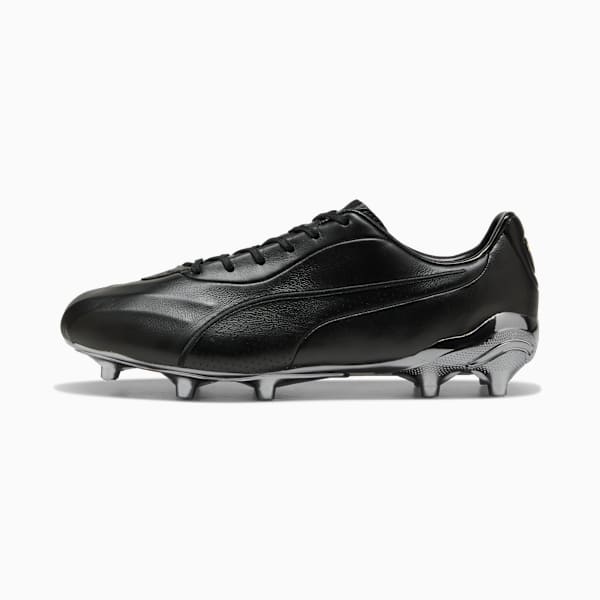 Black PUMA football boot with silver soleplate and stud detailing.