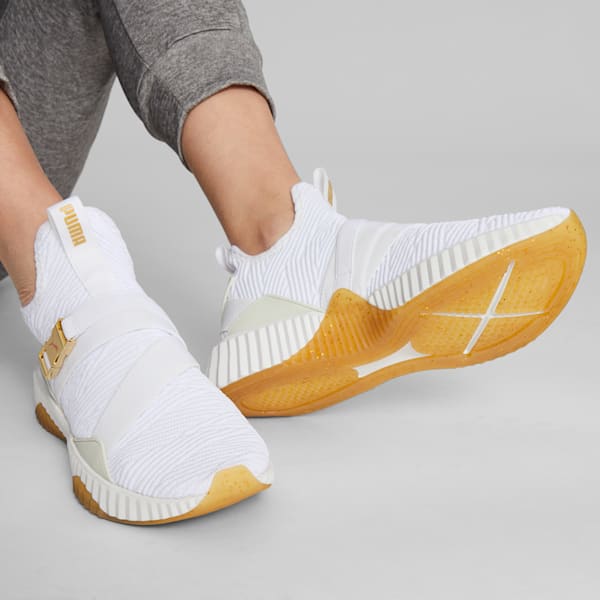 Defy Varsity Mid Women's Sneakers, Puma White-Metallic Gold, extralarge