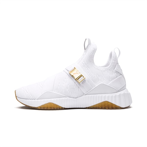 Tenis para mujer Defy Varsity Mid, Puma White-Metallic Gold, extralarge