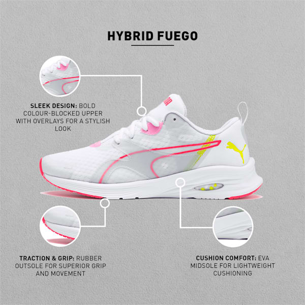 Hybrid Fuego Women's Running Shoes, Puma White-Pink Alert-Yellow Alert, extralarge-IND