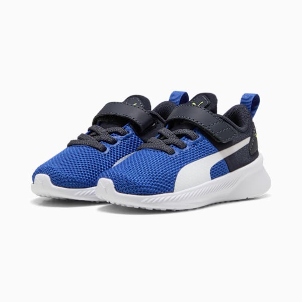 Blue PUMA trainer for toddlers with white formstrip and hook-and-loop closure.