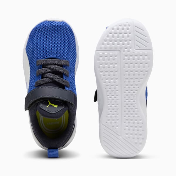 Blue PUMA toddler's trainer with laces and touch-fastening strap, plus a white textured sole.