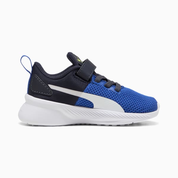 Blue PUMA trainer for kids, featuring a touch-fastening strap and white formstrip.
