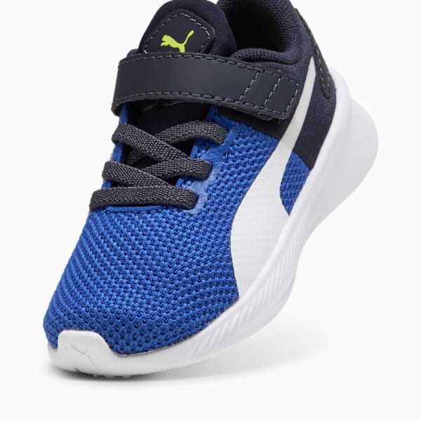 Blue PUMA toddler trainer with laces, hook-and-loop strap and white formstrip.