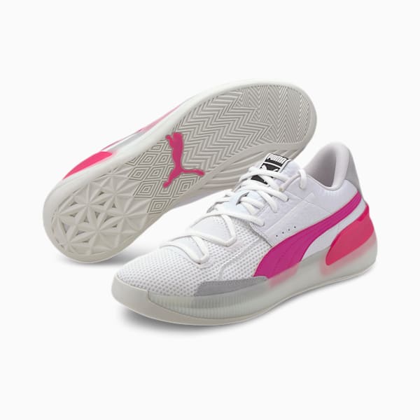 Clyde Hardwood Basketball Shoes, Puma White-Pink Glo, extralarge
