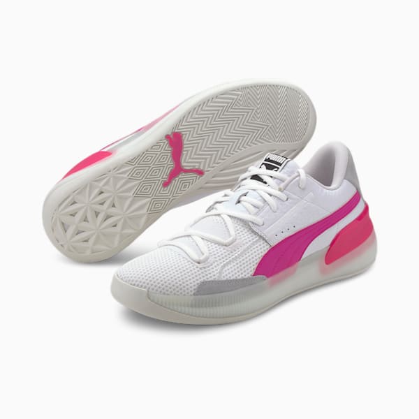 Clyde Hardwood Basketball Shoes, Puma White-Pink Glo, extralarge