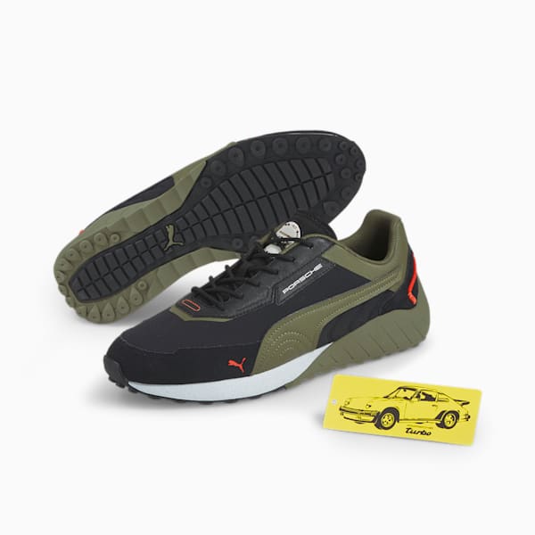 Porsche Legacy SpeedFusion Motorsport Shoes, Puma Black-Dark Green Moss-Firelight, extralarge